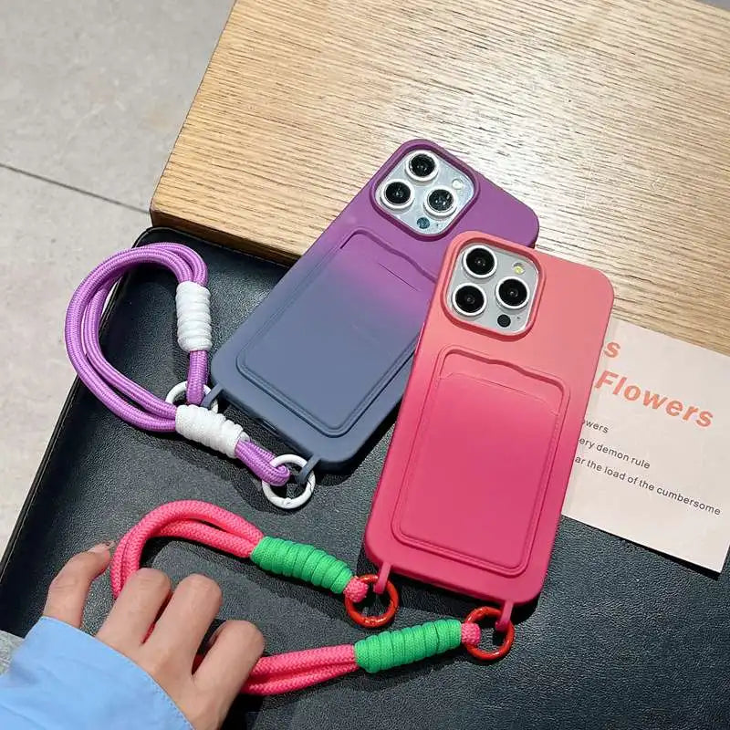 Luxury Gradient Silicone Card Holder Lanyard Rope Soft Phone Case For Huawei Pura 70 Ultra P70 P60 P50 Pro 5G